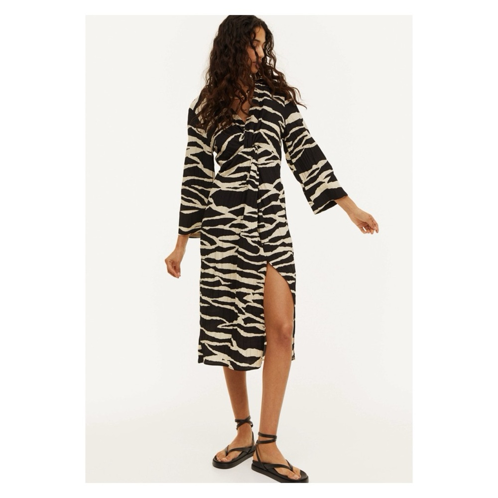 H&M Black Zebra Print Knot Detail Midi Dress New With Tags
